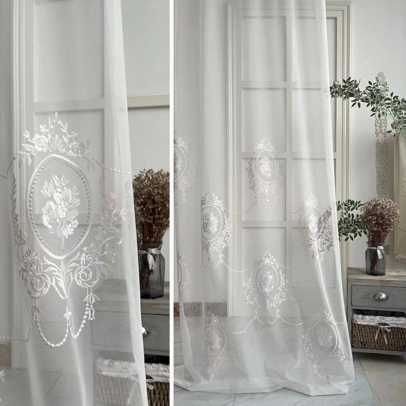 two pictures of a white curtain in a room