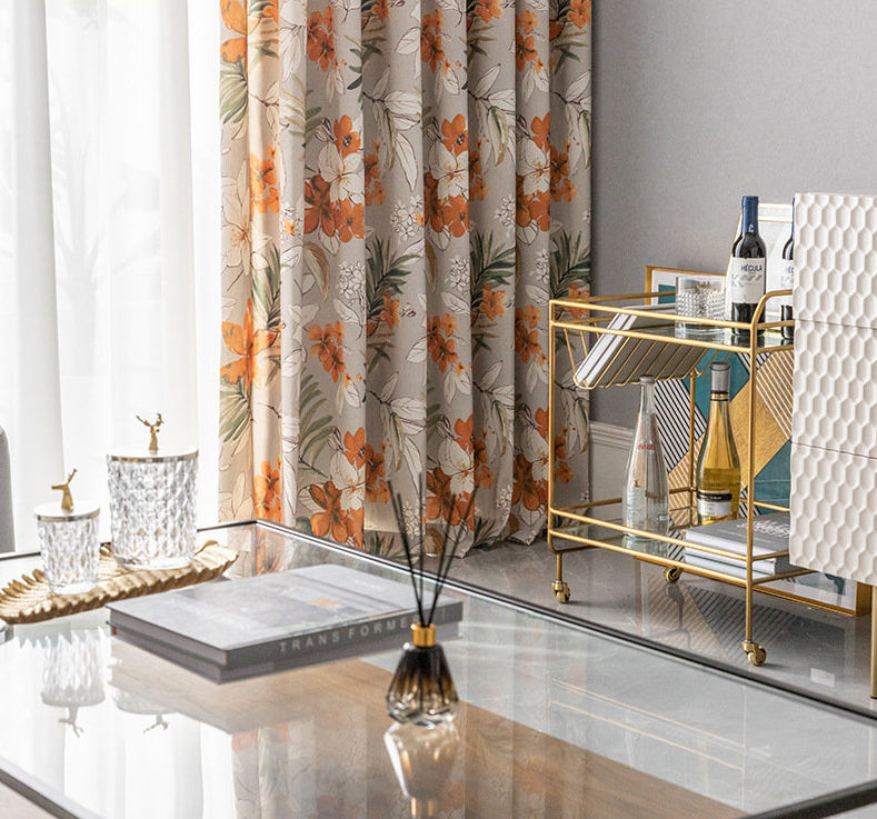 Rideau Gris Motifs Fleurs Orange