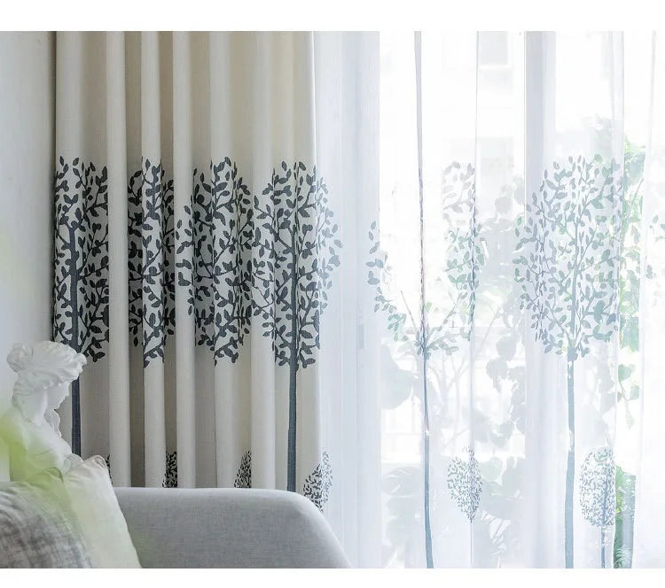 Rideau Blanc Motifs Bleu Fleur