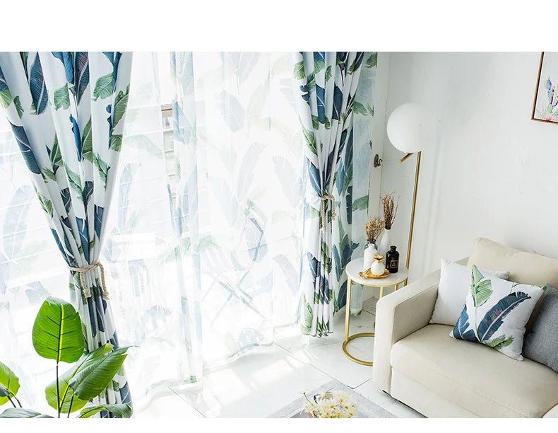 Rideau Leger Blanc Motifs Bleu Vert