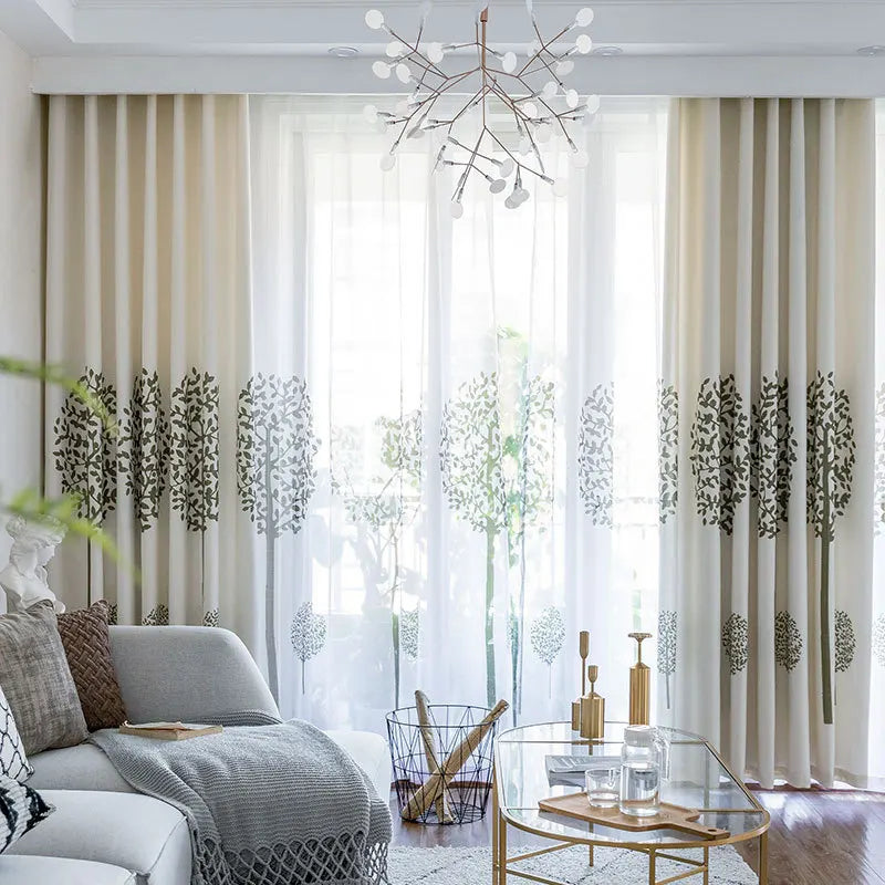 Rideau Blanc Motifs Bleu Fleur
