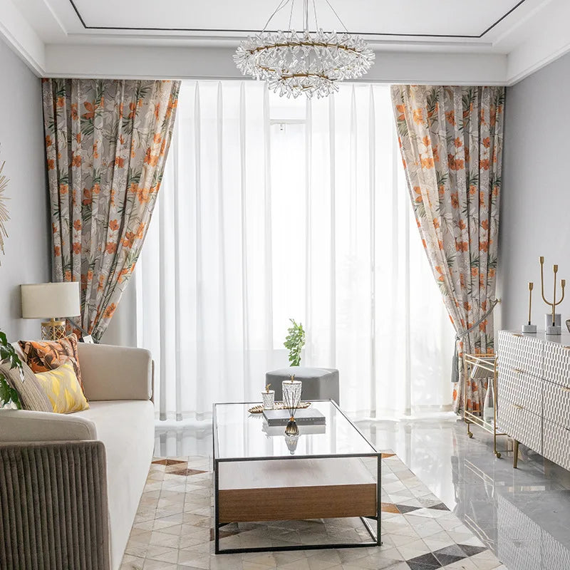 Rideau Gris Motifs Fleurs Orange