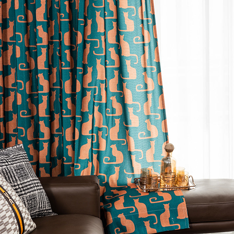 Rideau Bleu Motifs Chat Orange