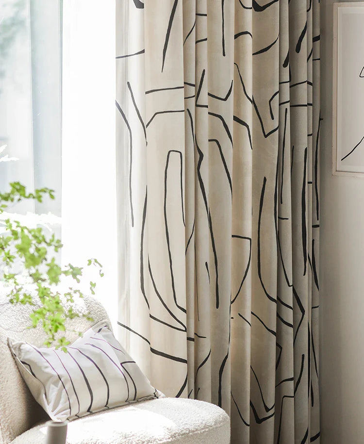 Rideau Blanc Motifs Noir Velours