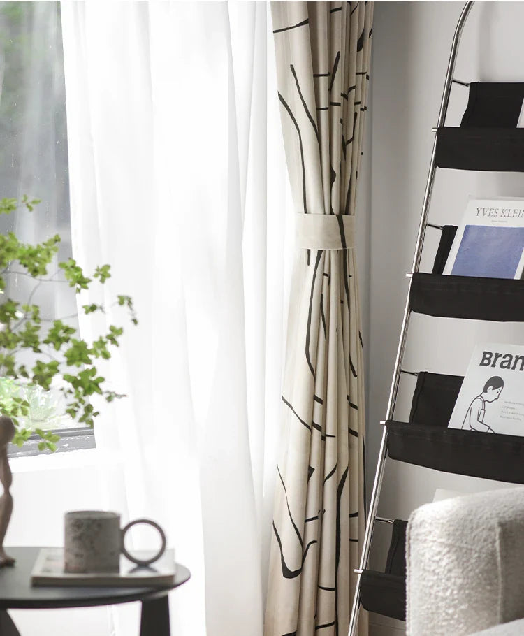 Rideau Blanc Motifs Noir Velours