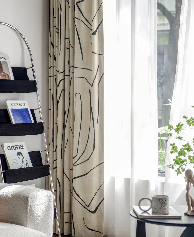 Rideau Blanc Motifs Noir Velours