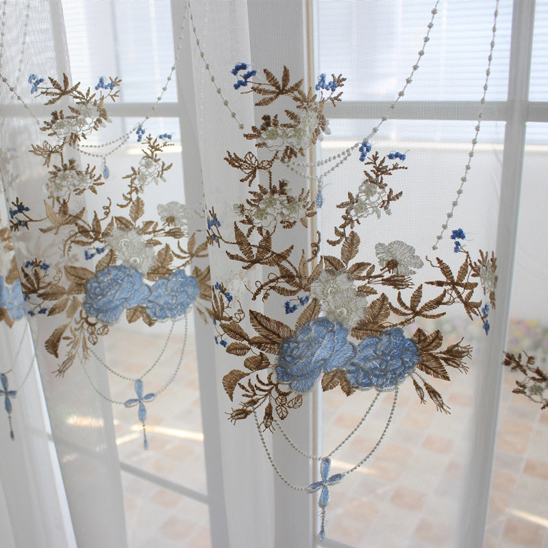 Voilage Blanc Motif Bleu