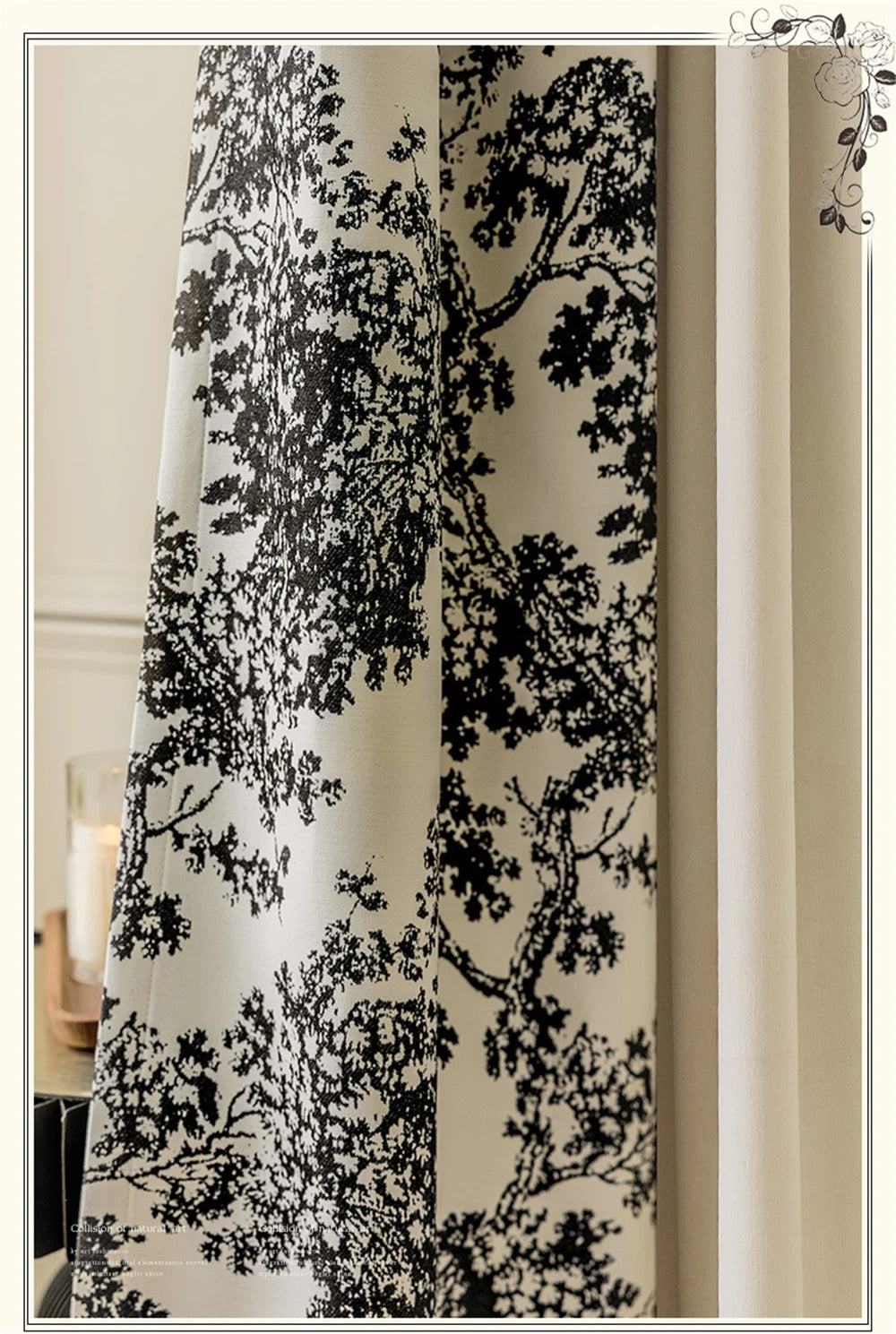 a curtain with a black and white tree design