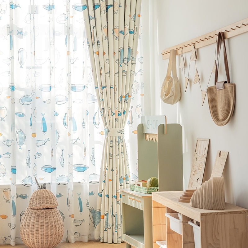 a room with curtains, a table, and a vase