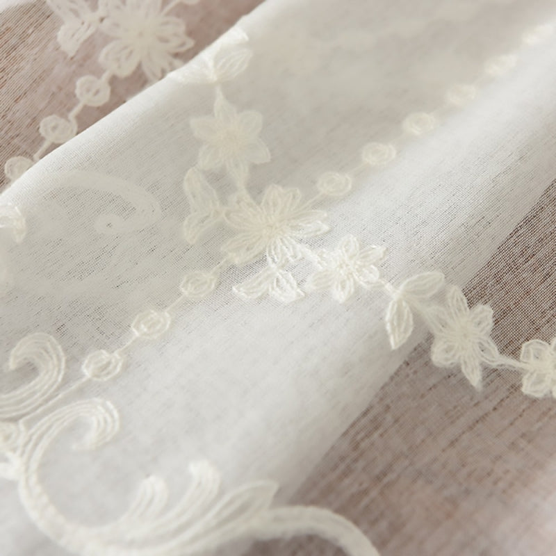 a close up of a curtain with white lace