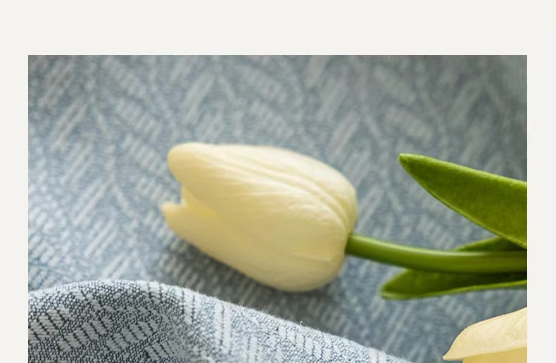 a white tulip and a blue cloth framed print by panoramic images
